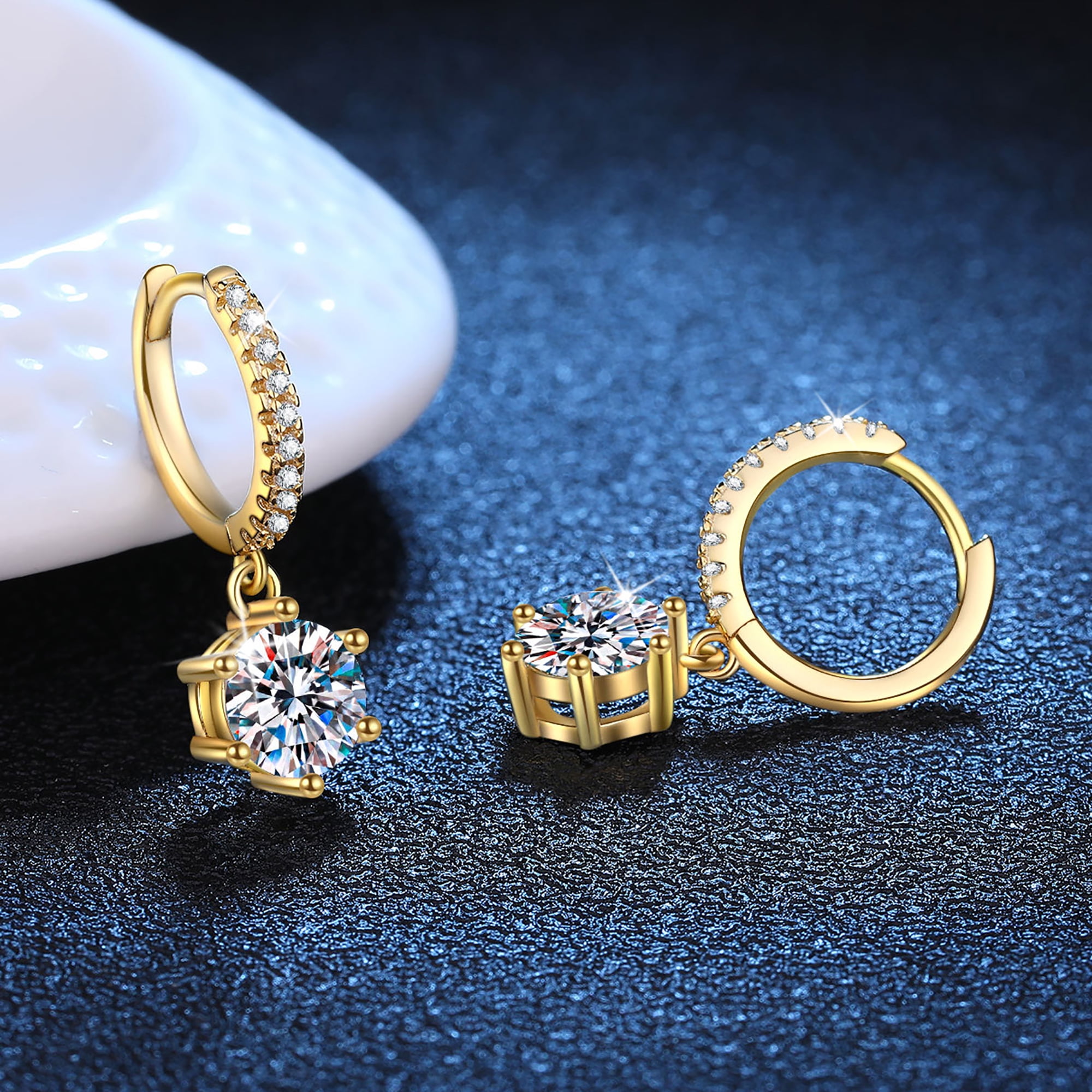 Moissanite Earrings for Women Hypoallergenic Drop Dangle Earrings D Color Round Cut Earrings 18K Yellow Gold Plated S925 Sterling Silver Earrings 1.0ct Leverback