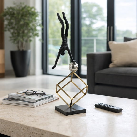 Sculptural Metal Gymnast on Ball and Cube for Home Decor - Elegant Figurines for Bathroom, Office Desk, and Living Room Decor - Ornaments for Shelf Display and Coffee Table - 19", Black & Gold