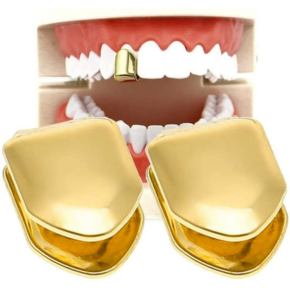 2 Pieces 14K Plated Gold Mouth Teeth, Teeth Plain , Top Tooth Single Grill Cap for Teeth Mouth, Party Accessories Teeth Grills (Color : Gold)