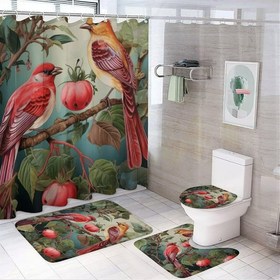 Nature Birds Shower Curtain Sets for Bathroom, 4 Pieces Colorful Flowers Nature Plants Animals Bathroom Decor Set Waterproof Shower Curtains with 12 Hooks Toilet Lid Rug and Bath Mat