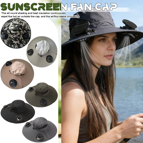 Solar Fan Hat Ultralight Wide Brim Outdoor Sun Hat with 2 Removable Fans USB/Solar Power Fan Hat for Fishing Hiking Gardening, Gray
