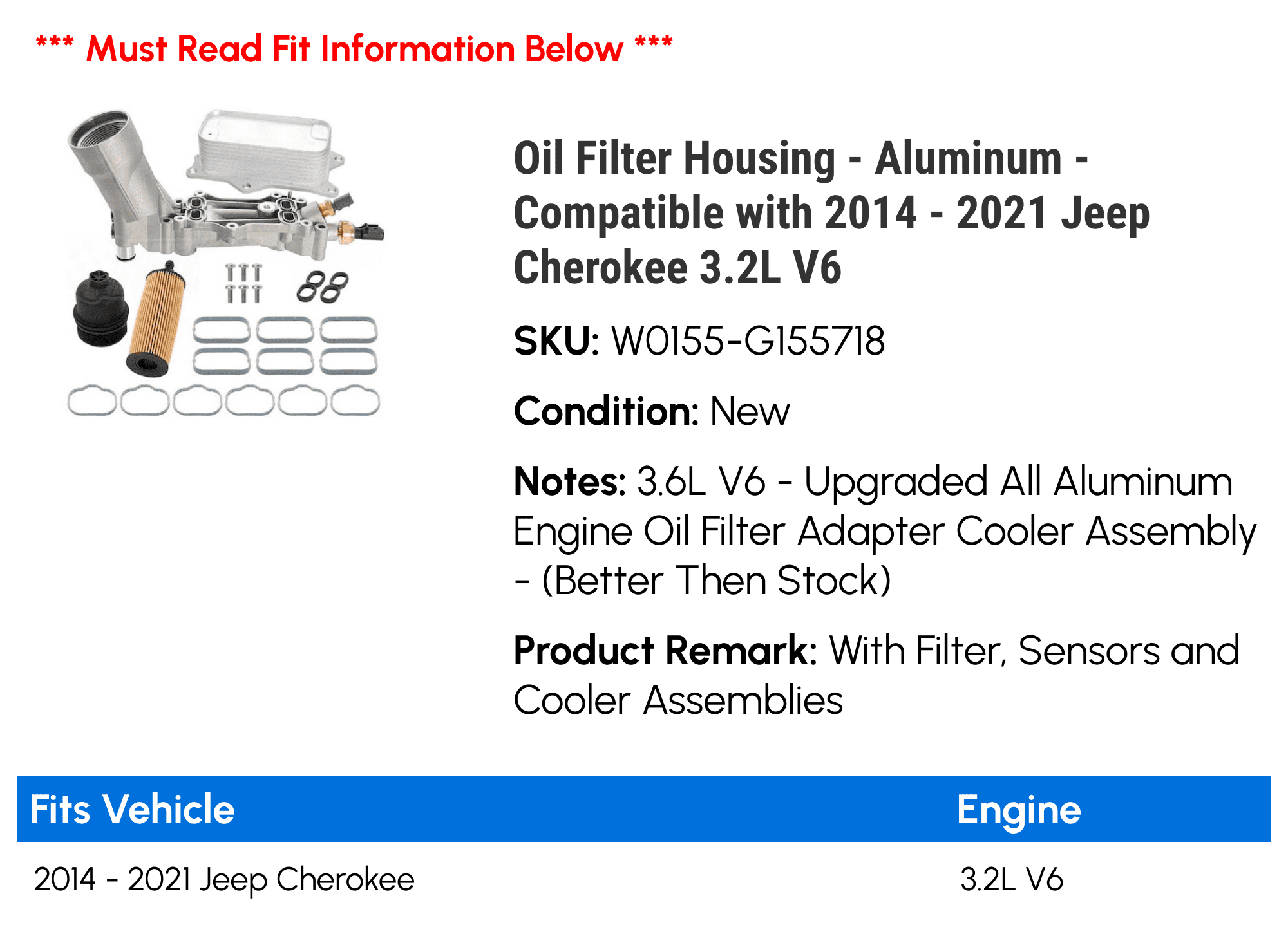 Oil Filter Housing - Aluminum - Compatible with 2014 - 2021 Jeep Cherokee 3.2L V6 2015 2016 2017 2018 2019 2020