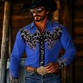 thumbnail image 2 of Western Retro Floral Print Long Sleeve Button Down Shirt for Cowboy Party and Outdoor Events Blue XL, 2 of 4