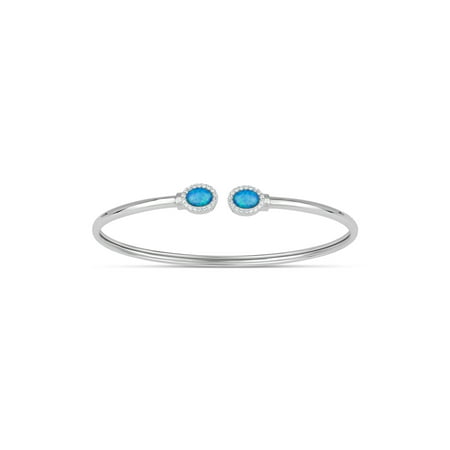 Blue Tourmaline - Created Blue Opal and CZ Sterling Silver Rhodium-Plated Oval Double 3mm Memory Bangle