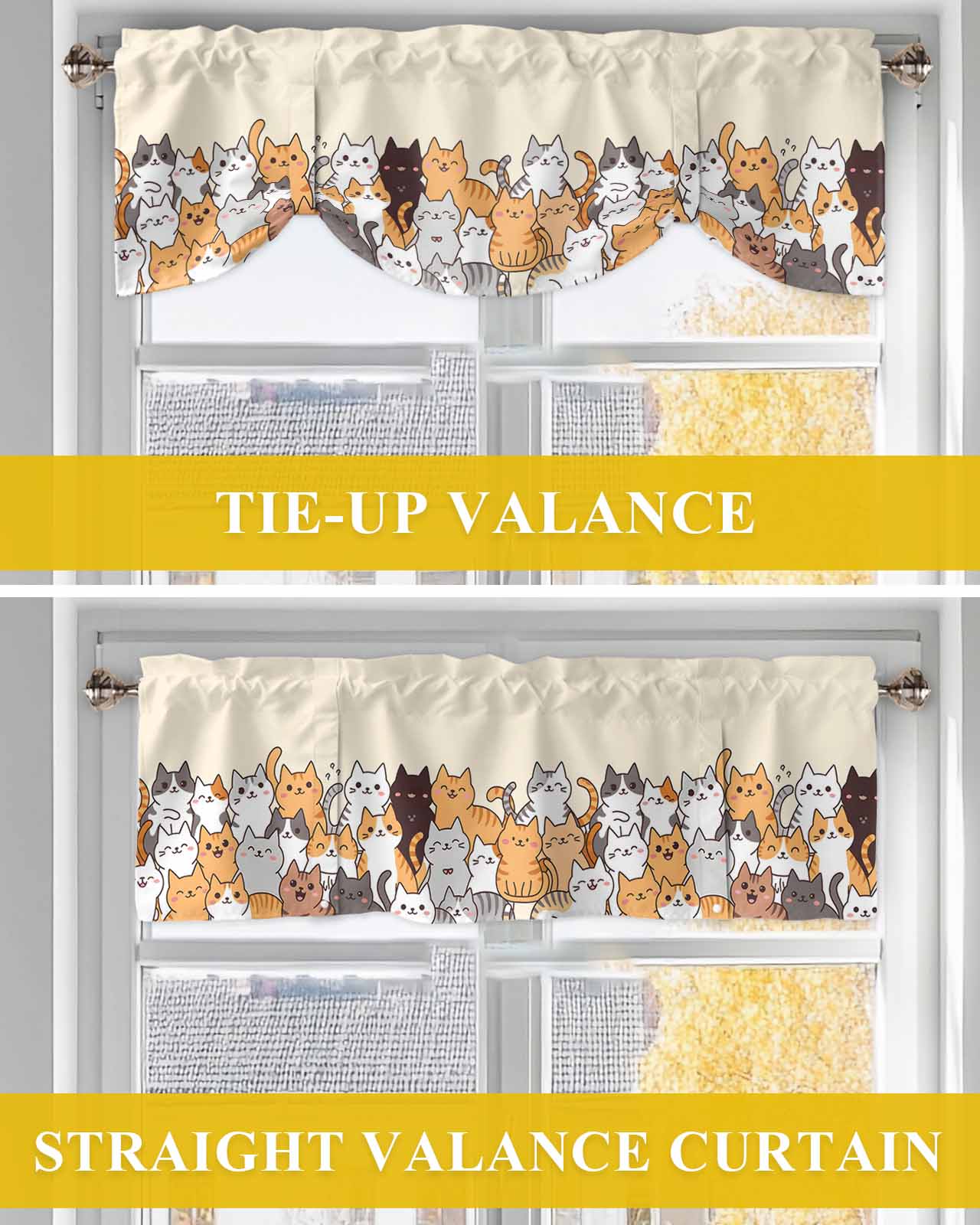 Cartoon Cat Tie Up Valances Curtain, Adjustable Kitchen Cute Kitten Valances for Windows Decor, Rod Pocket Short Curtains Set for Bedroom/Bathroom, 60"x18"