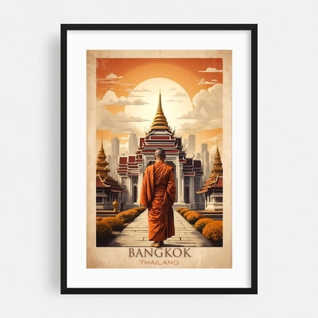 Memories of Siam: Vintage Bangkok City Poster - Bangkok Thailand Illustration Travel Poster Architecture Vintage Poster City Skyline Black Framed Wall Art Print 5 x 7 inches