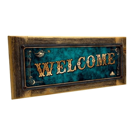 Framed Outdoor Blue Welcome 4 x12 Metal Sign Wall Décor for Home and Office