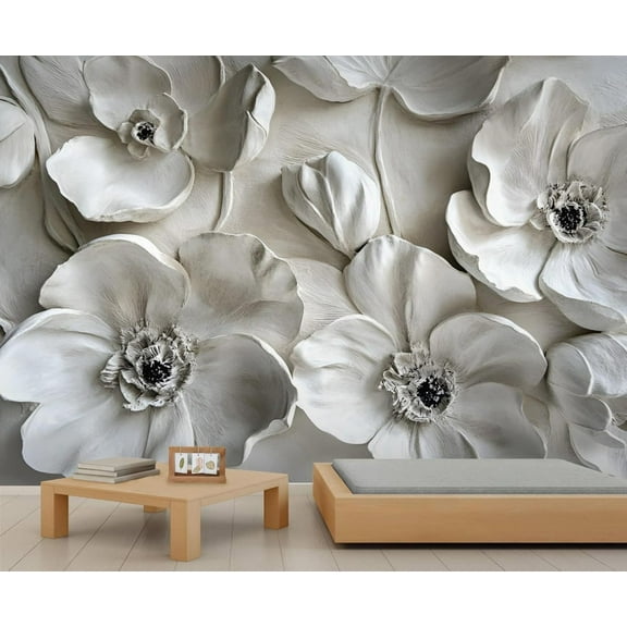 Stereo Floral Wall Mural, Abstract Relief Flowers 3D Wallpaper, Nordic Modern Art Wall Sticker Wall Decor For Bedroom Living Room Children's Room 59"W x 39.4"H (Not Peel and Stick)