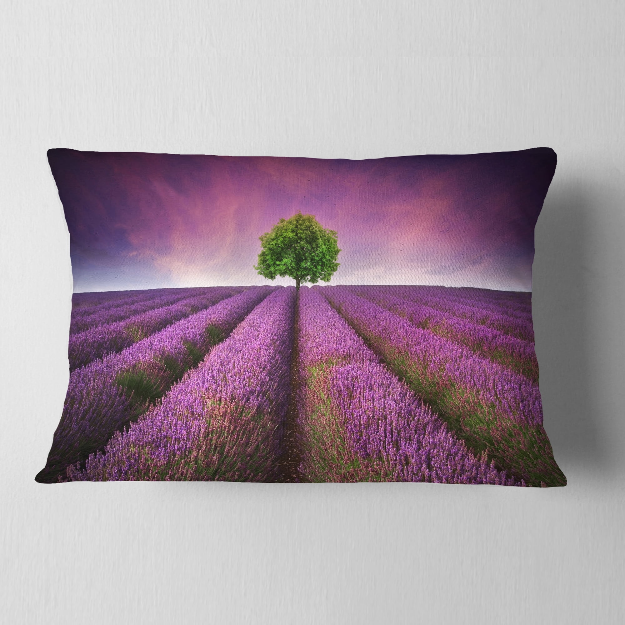 Designart Lavender Field Sunset with Single Tree - Floral Throw Pillow - 12x20