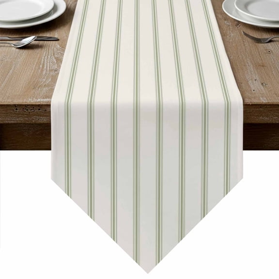 Sage Green Striped Table Runner Linen Burlap Table Runner 72 Inches Long Rustic Green Stripe Modern Art Beige Dresser Scarves for Kitchen Island Coffee Dining Party Wedding Holiday Decor 18"x72"
