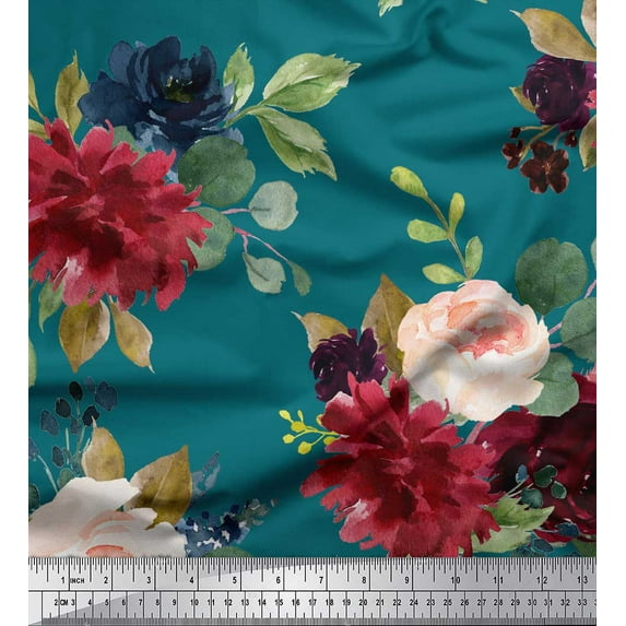 Soimoi Green Rayon Fabric Leaves & Peony Floral Decor Fabric Printed Yard 56 Inch Wide