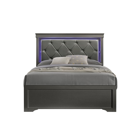 Blaze Upholstered Modern Style Queen Bed Made with LED Headboard & Wood in Metallic Gray(CA Inventory)