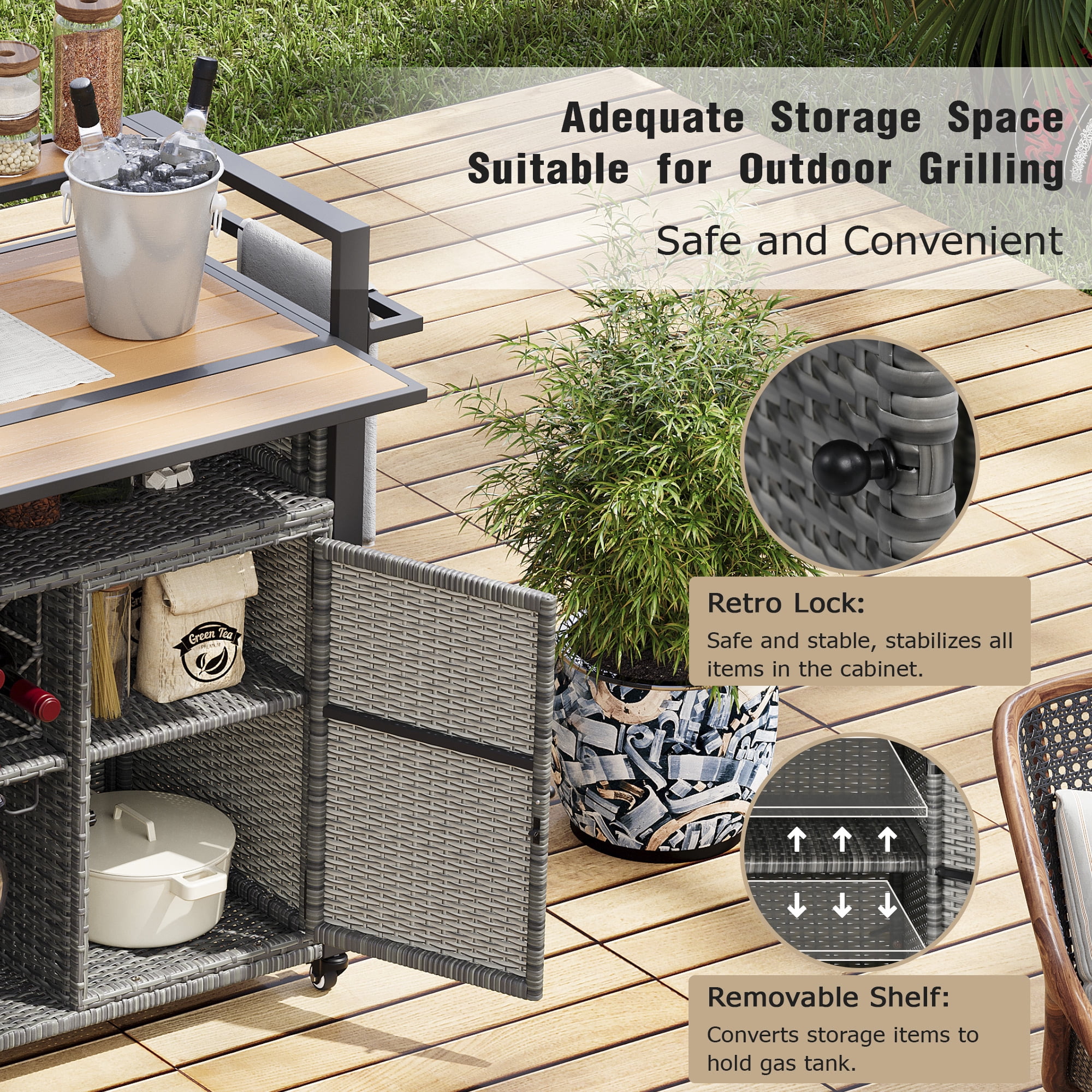 Outdoor Grill Cart 52.8 Inch W, Wicker Structure with Extended Plastic Wood Table Top for Patio Backyard, Grey