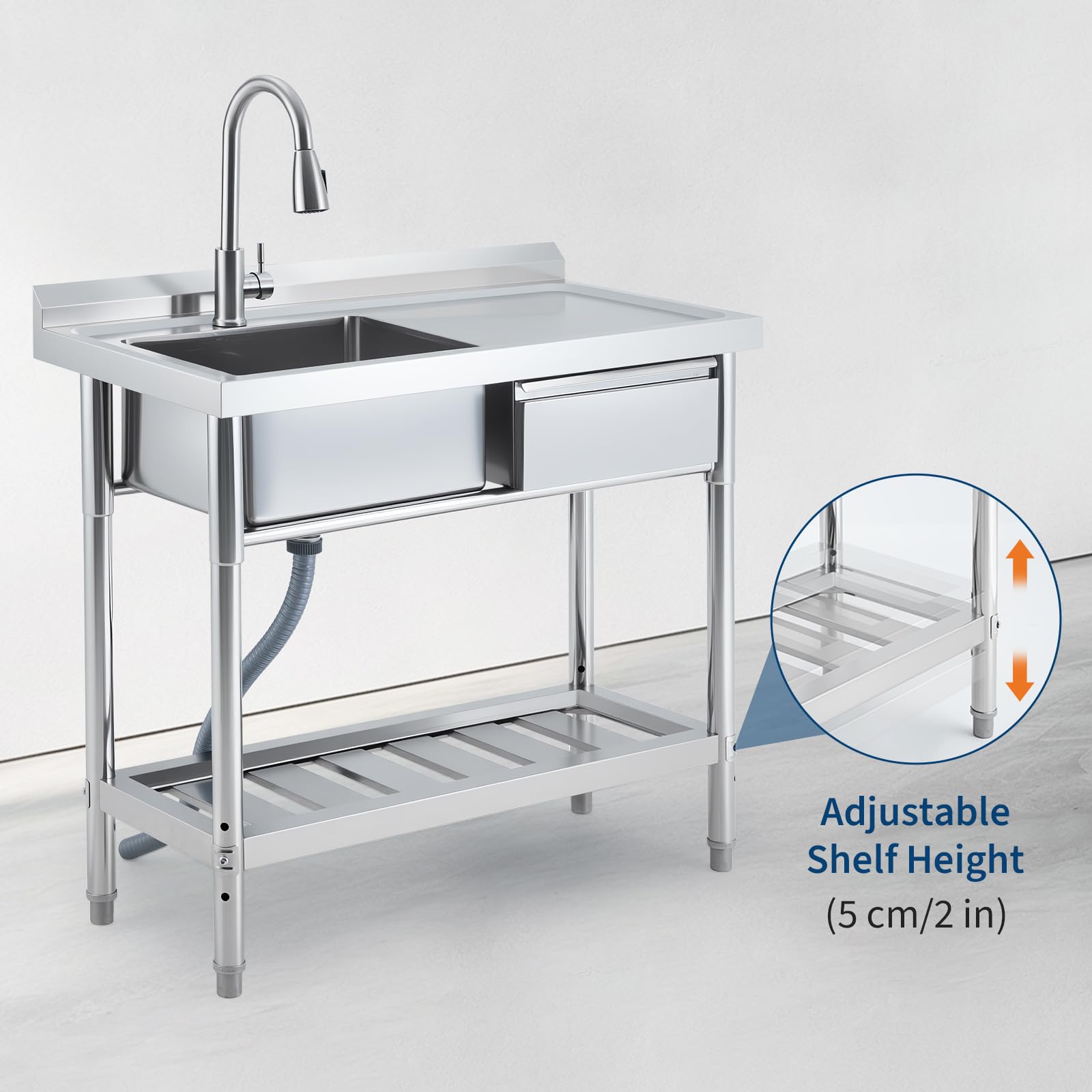 Commercial Stainless Steel Kitchen Sink Prep Counter with Pull-out Faucet, 39" Freestanding Single Bowl Utility Sink with Workbench & Drawer Storage for Laundry, Farmhouse & Outdoor Use