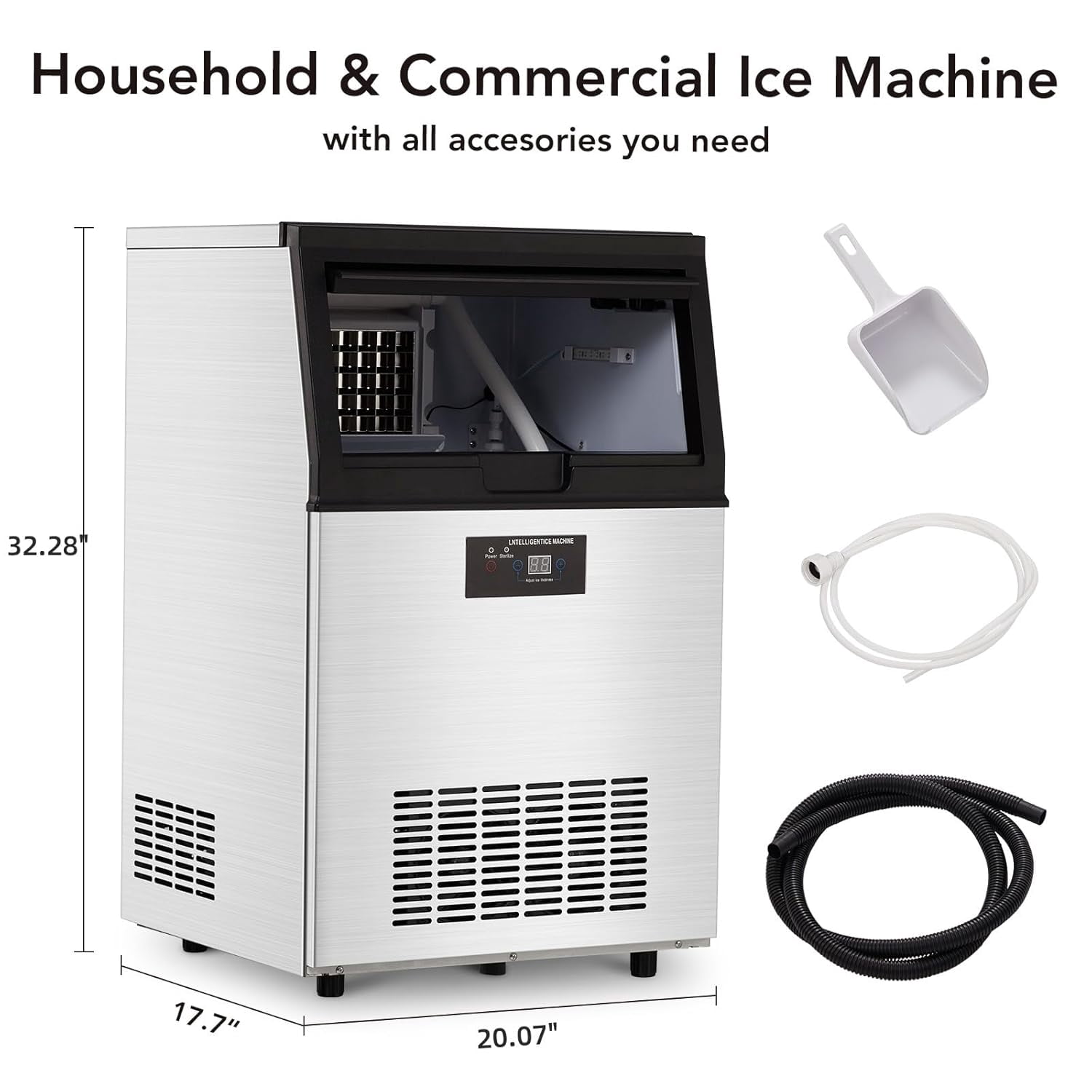 ChaoLink Commercial Ice Maker Machine 160lbs/24H,Stainless Steel Under Counter ice Machine with 44lbs Ice Storage Capacity,Freestanding Ice Maker(5 * 12 Ice Cube)