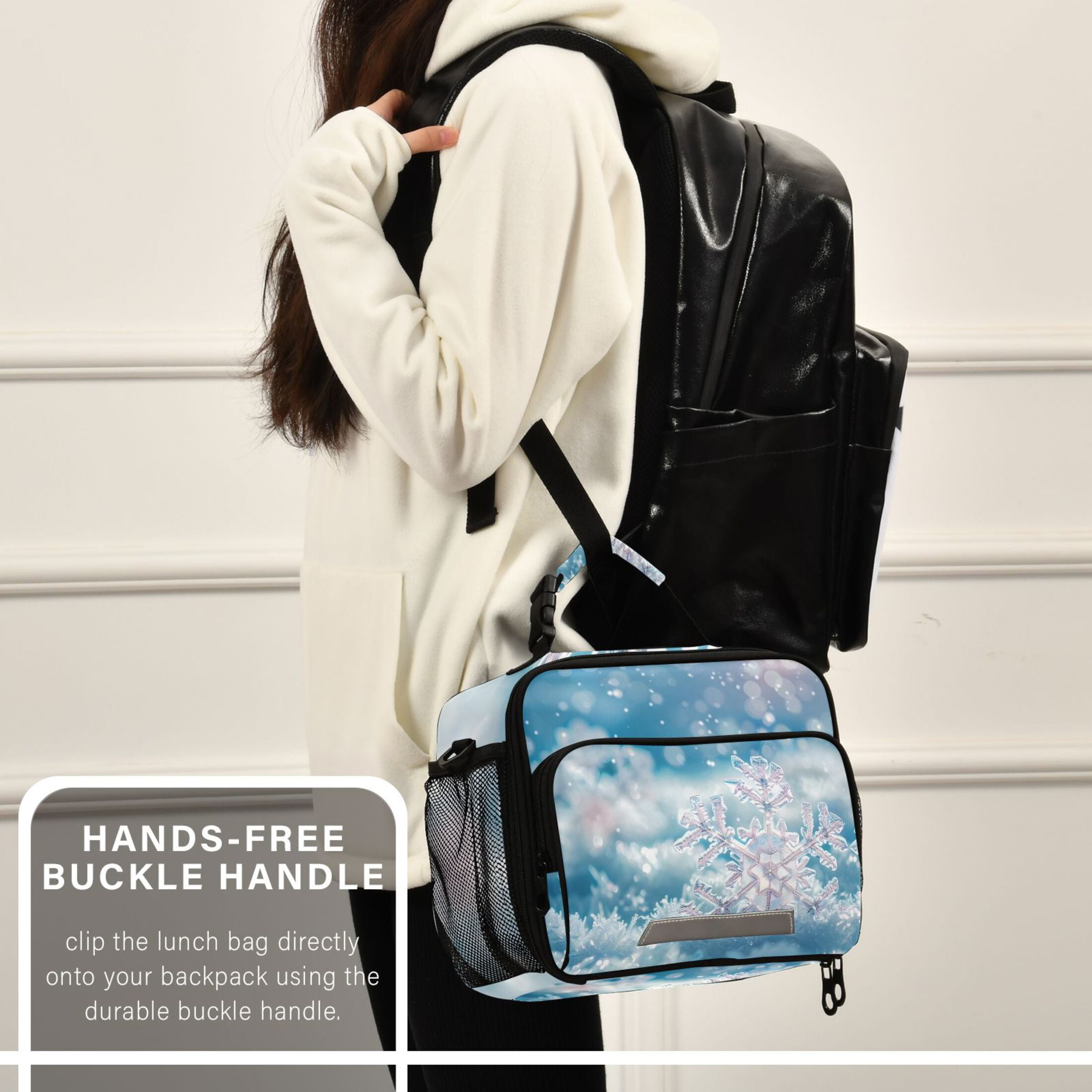 ALAZA Snowflakes Christmas Lunch Box Insulated Cooler Bag Reusable Tote Bags Shoulder Strap