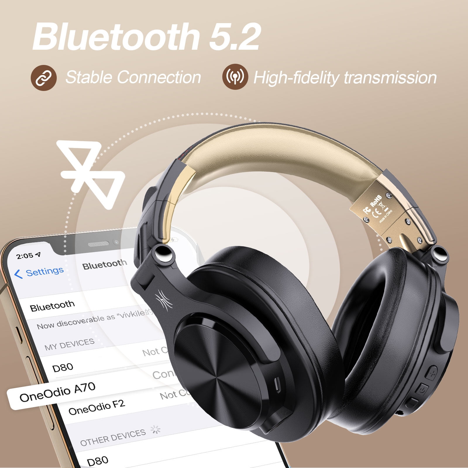 OneOdio Bluetooth Over-Ear Headphones with Mic | Wireless & Corded Dual-Mode Headphones for Drum Piano PC Phones Laptop-72 Hours Playtime-A70 Black