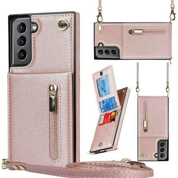 Crossbody Case for Samsung Galaxy S21 5G Case with Card Holder,Galaxy S21 Wallet Case for Women Girl PU Leather Flip Cover Lanyard Strap Magnetic Clasp Kickstand ID Credit Card 6.2",Rosegold