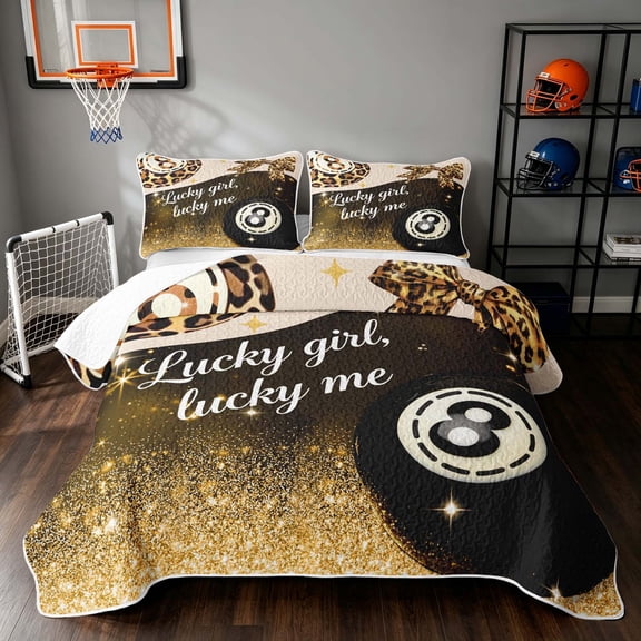 Manfei Girls Billiards Twin Quilt Set, Lucky Girl Lucky Me Print Twin Coverlet Set, Black Gold Beige, Gray Reversible 2 Pieces, 1 Bedspread and 1 Pillowcase