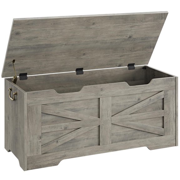 Huisuilinss Storage Chest,Wooden Storage Bench with 4 Wheels, 39.4" Storage Trunk with 2 Safety Hinges, Wooden Storage Chest Supports 350 Lbs, U-Shape Opening Toy Chest for Entryway, Living Room