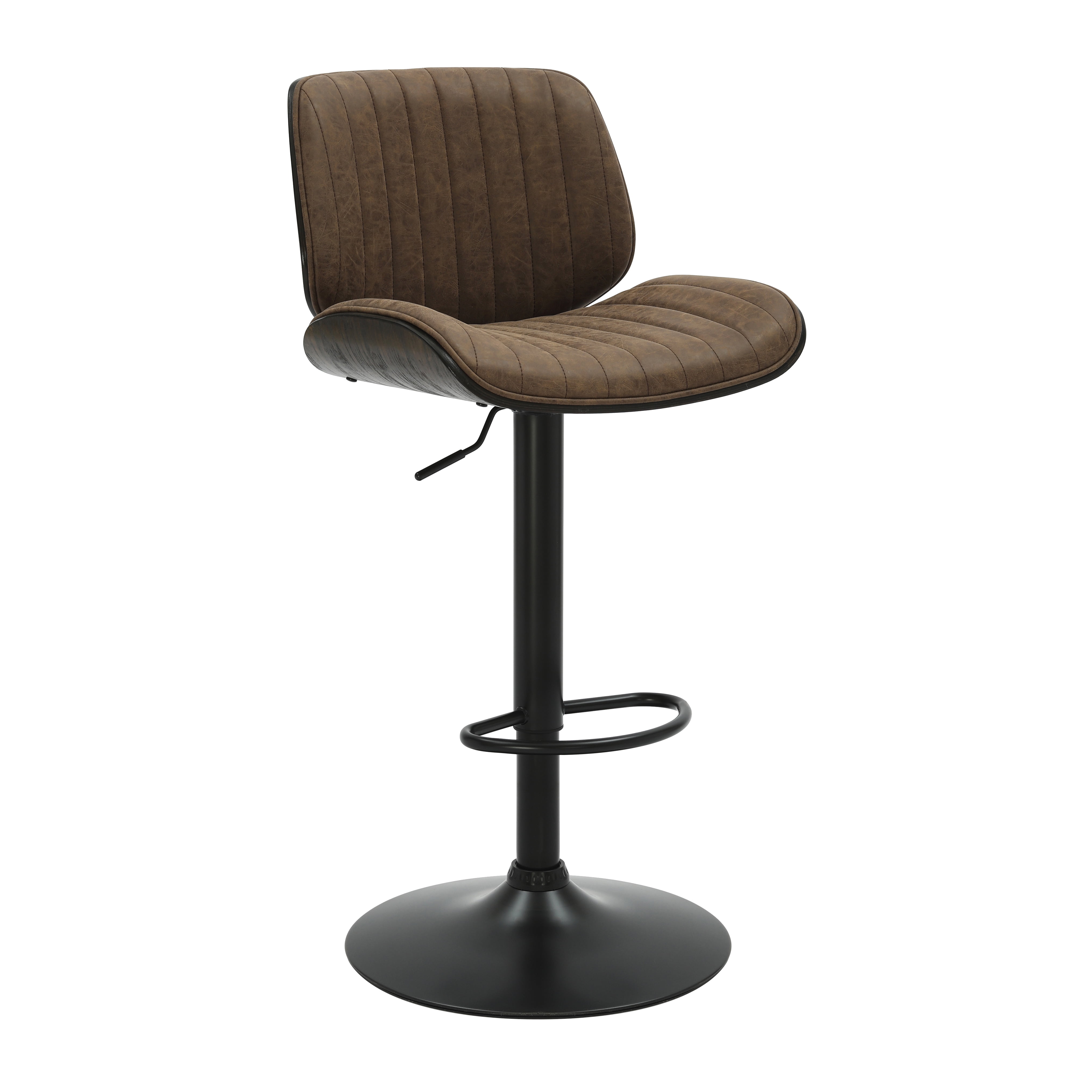 Brock Adjustable Swivel Vintage Dark Brown Curved Back Wood Bar Stool with Faux Leather Seat