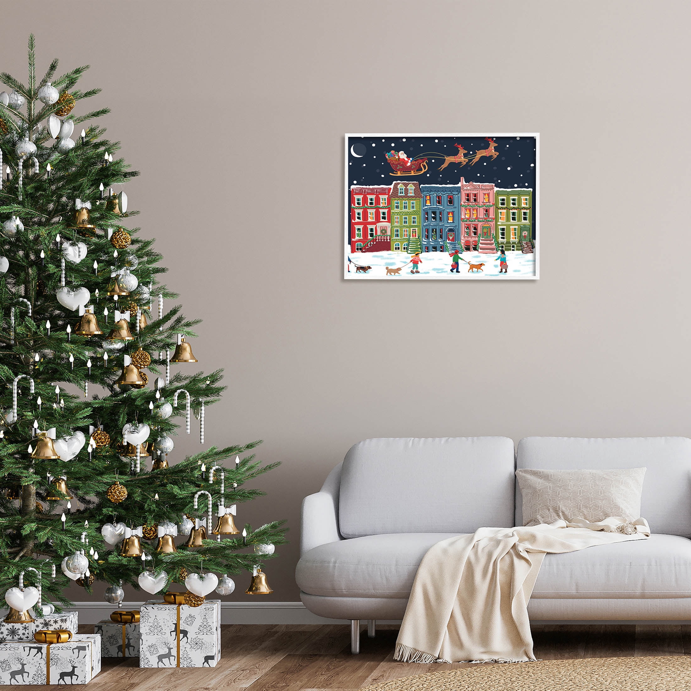 Snowy Christmas Town Santa Overhead Holiday Graphic Art White Framed Art Print Wall Art