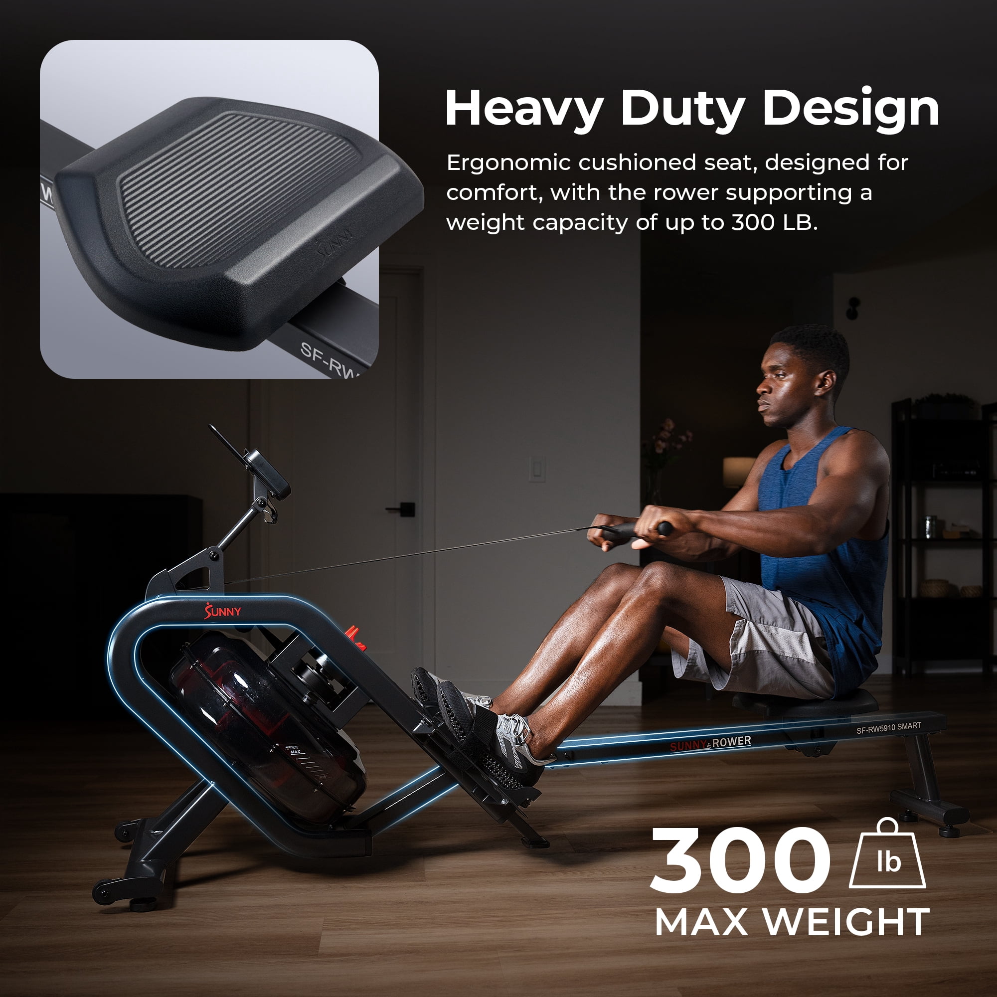 Sunny Health & Fitness Phantom Hydro Water Rowing Machine with Dynamic Resistance + Extra Long Slide Rail w Free SunnyFit® App Membership - SF-RW5910SMAR T