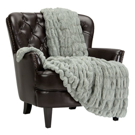 Chanasya Ruched Royal Faux Fur Throw Blanket - Fuzzy Plush Elegant Blanket for Sofa Chair Couch and Bed with Reversible Velvet Blanket (50x65 Inches) Tan Sage