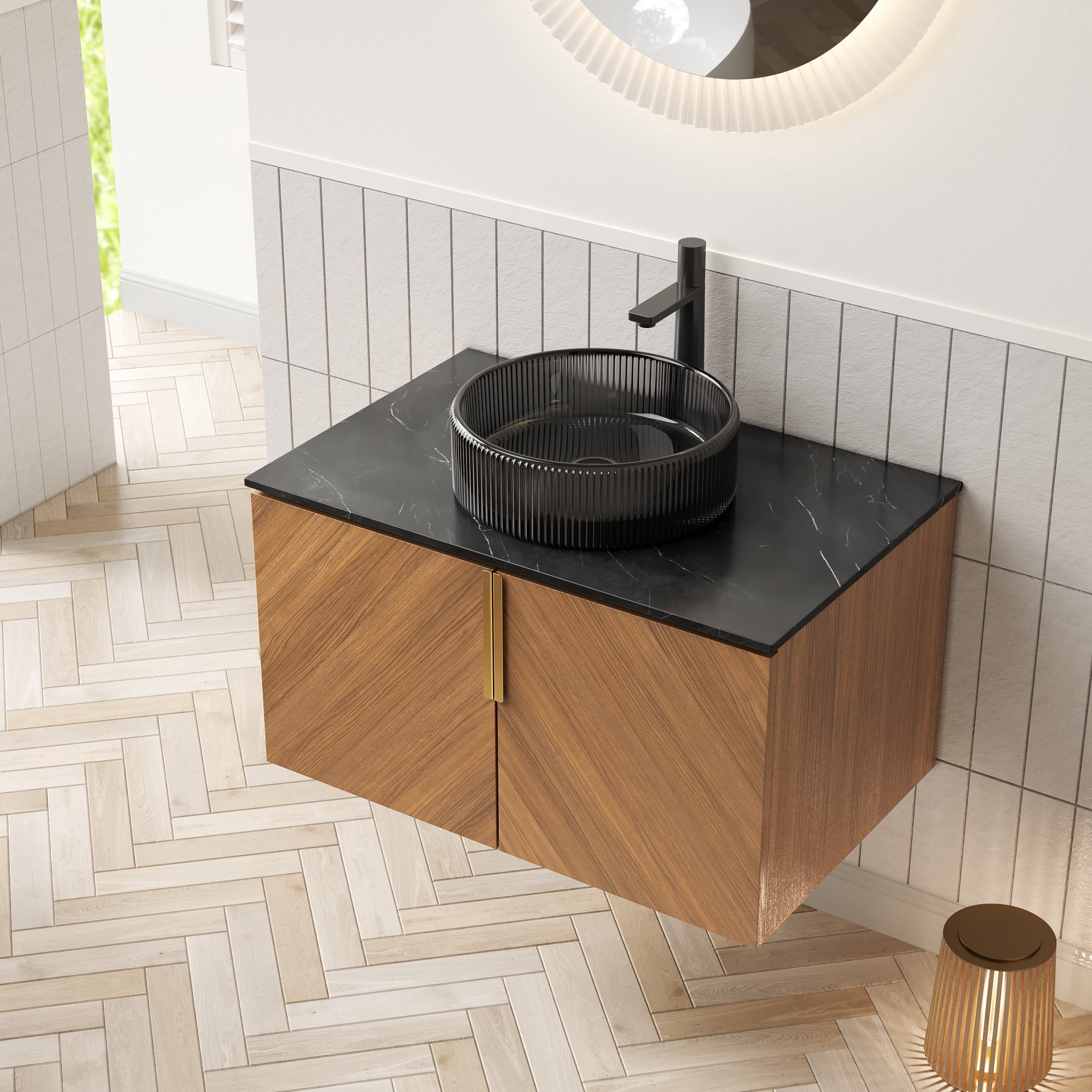 Noble House ARAI 30" Floating Plywood Bathroom Vanity, Sintered Stone Top Cabinet with Black Glass Round Vessel Sink, Oak