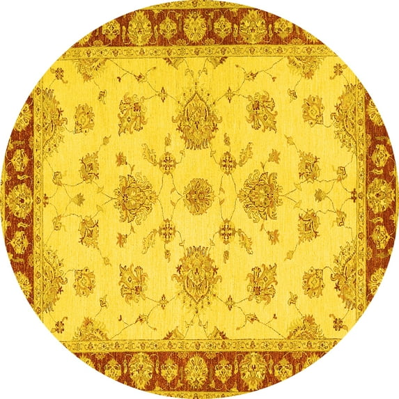 Ahgly Company Machine Washable Indoor Round Oriental Yellow Traditional Area Rugs, 7' Round