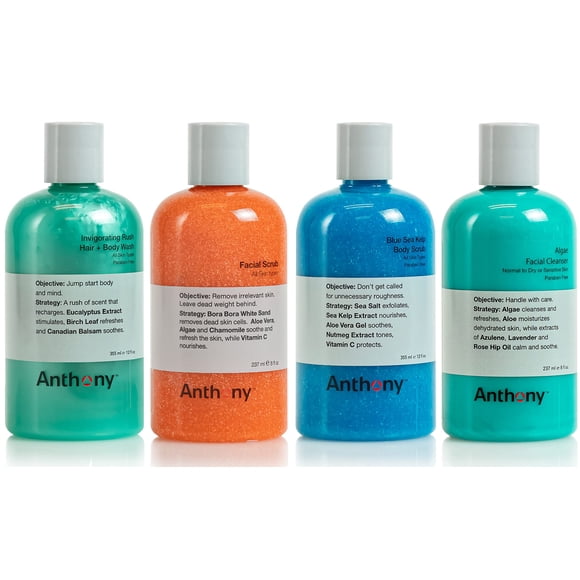 Set Anthony de limpiador facial, exfoliante corporal y gel para cabello