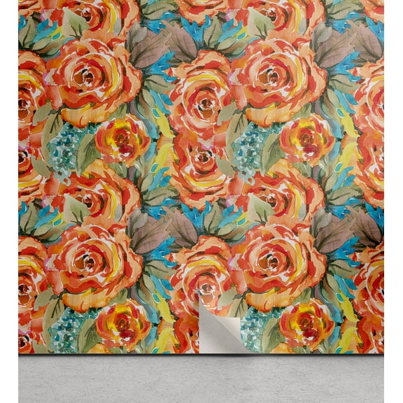 Ambesonne Floral Design Peel & Stick Wallpaper for Home, Summer Boho Floral, 13"x36", Vermilion Peacock Green