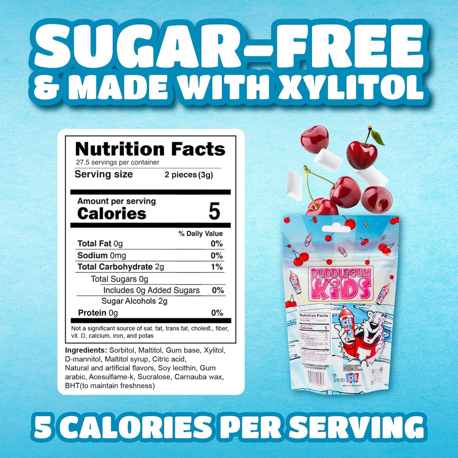 Bubblegum Kids ICEE Sugar Free Gum with Xylitol, Low Calorie Chewing Gum, Cherry Flavor, 10-Pack (55 Count/Pack)