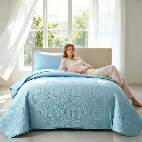 Lake Blue Twin 68"x88" 2Pcs Set Quilted Bed Cover, 1 Bed Cover 1 Pillow Sham, Embossed Pattern Soft Bedding Coverlet for Bedroom Decor