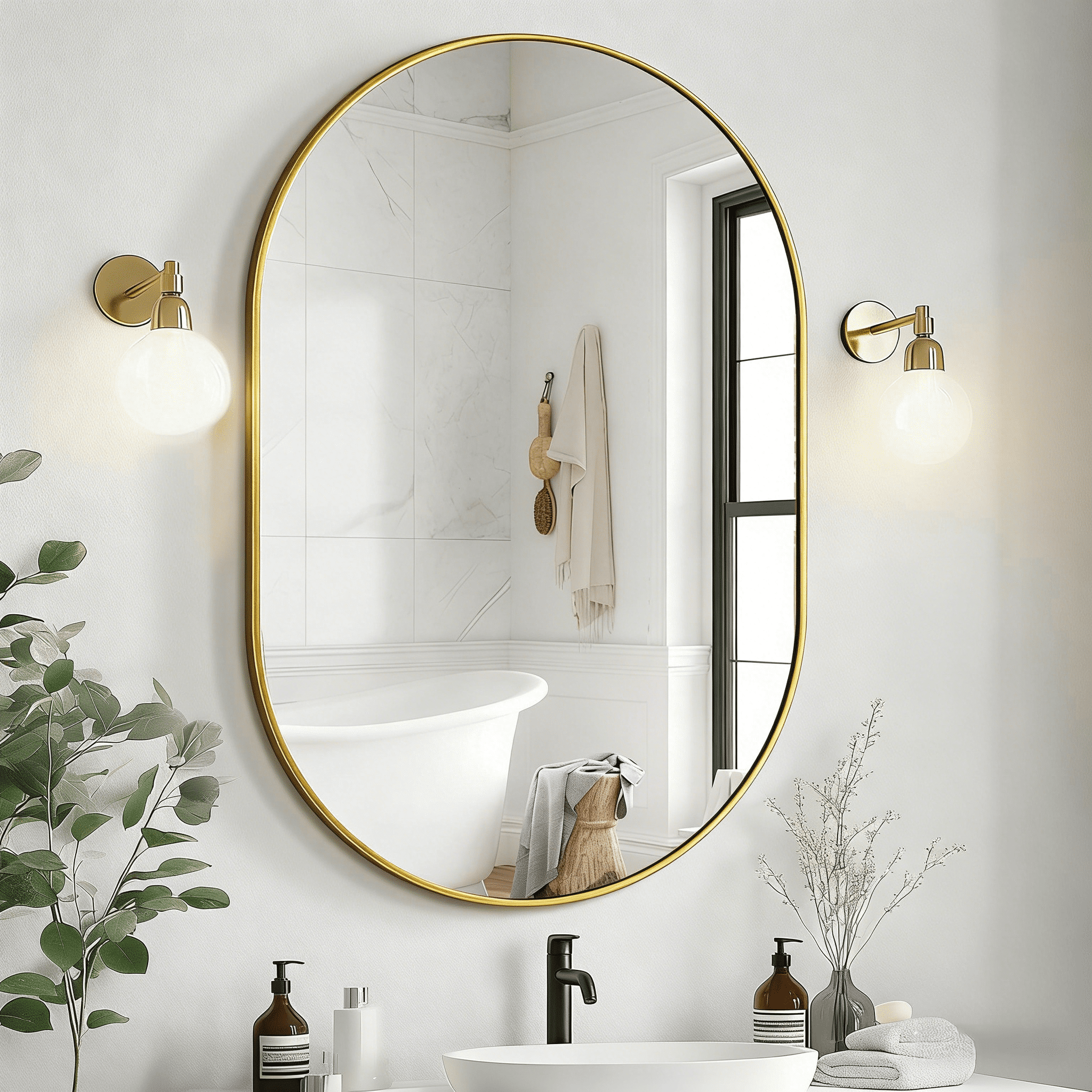 AUROMIR 24"x36" Bathroom Oval Mirror Wall-Mounted Vanity Mirror Aluminum Alloy Frame,Glod
