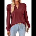 thumbnail image 2 of Blusas para Mujer, Elegantes, Informales, con Cuello en V, Larga, Blusas para Mujer con Mangas Abullonadas Vino Tinto XXL, 2 of 10