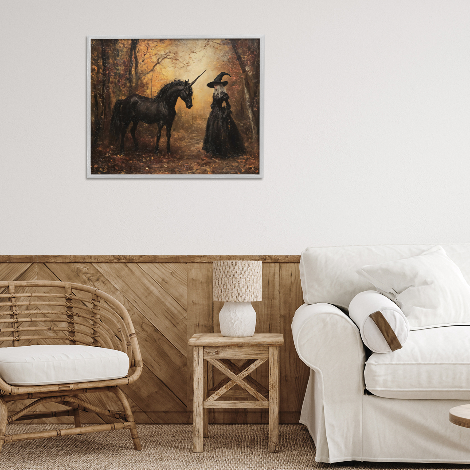 Witch & Black Unicorn Gray Framed Giclee Art, design by Arlington Prints
