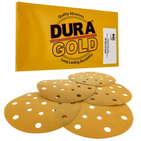 

Dura-Gold - 320 Grit - 6 Gold Sanding Discs - 17-Hole Pattern Dustless Hook and Loop for DA Sander - Box of 50
