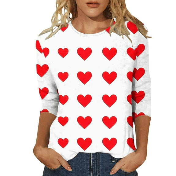 SHITINN Valentine's Day Fashion Heart Print 3/4 Sleeve T Shirt for Women Casual Stylish Top Women Short Sleeve Tops Womens Shirt Summer Clothes for Women