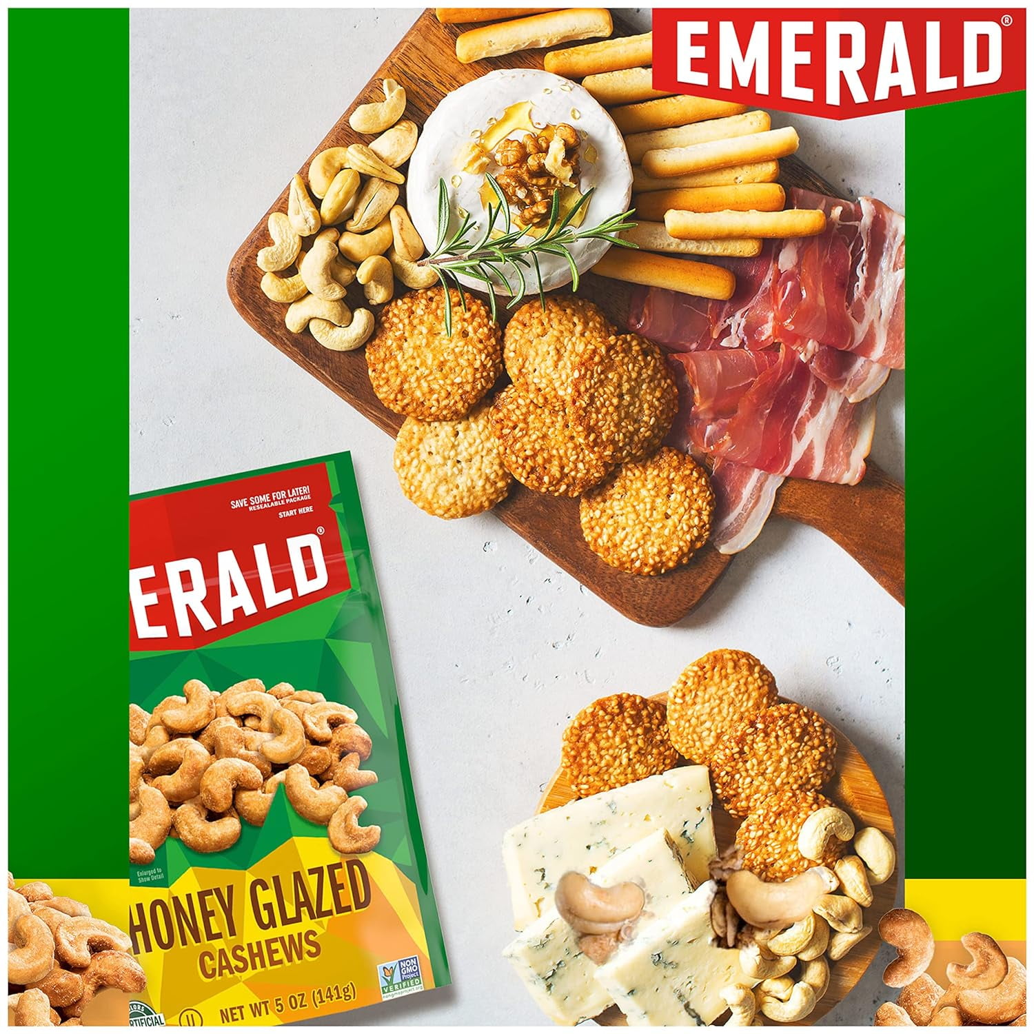 Emerald Nuts, Honey Glazed Cashews, 5 oz, Resealable Bag (Pack of 3)