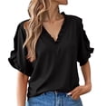 thumbnail image 1 of Camisa de Manga Corta con Cuello en V de las Señoras Casual, de Moda de Color Sólido para el Verano, 1 of 6