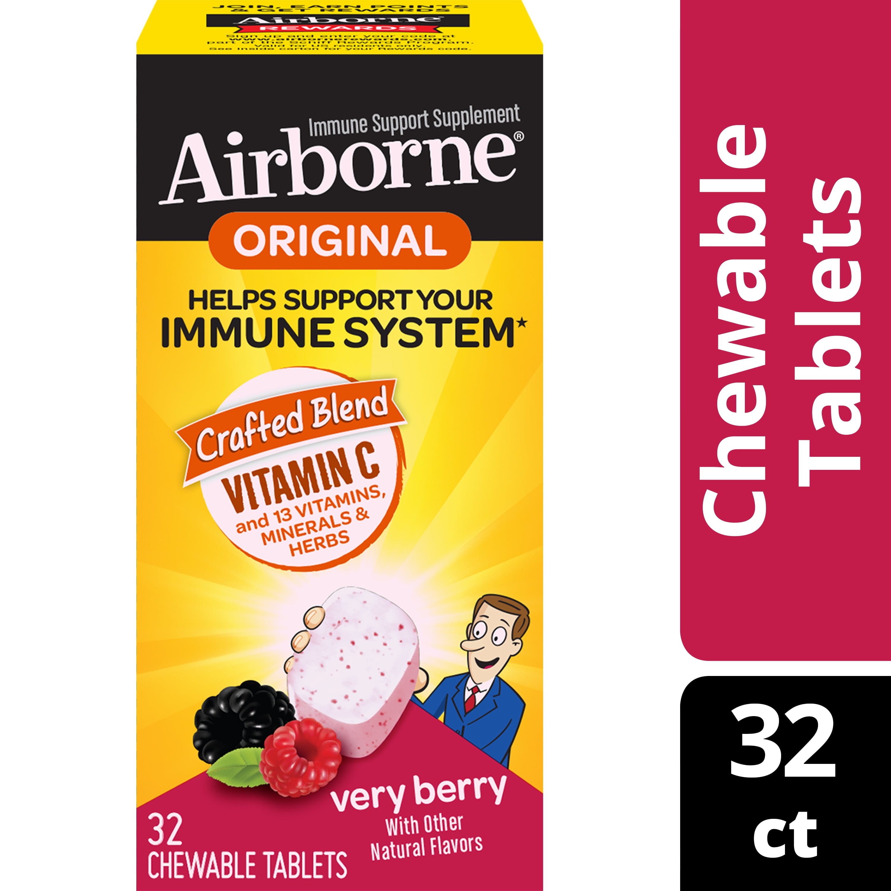 Airborne Very Berry Chewable Tablets, 32 count 1000mg of Vitamin C
