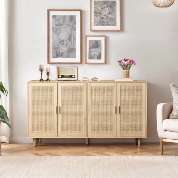 GAKMCIL Sideboard Buffet Cabinet, 70" Boho Buffet Table, Rattan Coffee Bar Cabinet with 4 Doors and Shelves for Kitchen, Living Room, Entryway, Natural