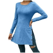 CZHJS Women's Comfy Long Pullover for Fall Clearance Fashion Slim Fit Side Slit Button Casual Solid Color Tops Vintage Clothing 2023 Trendy Work Long Sleeve Lightweight Shirts Round Neck Blue XL