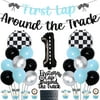 Race Car 1st Birthday Decorations for Boys, First Lap Around The Track Banner & Cake Cupcake Topper, Blue Black Balloons Kit with Number 1 Foil Balloon for Kids 1st Racing Birthday Party Supplies