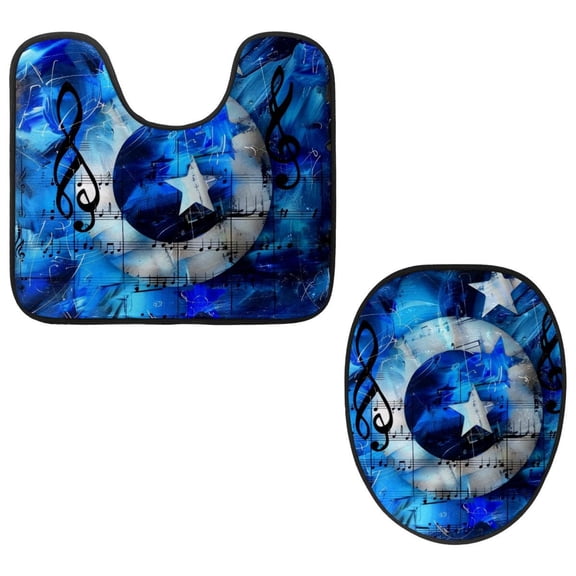 PhooArto Toilet Lid Cover and U-Shaped Toilet Floor Mat Set of 2 Pieces, Blue Music Notes Stars Toilet Mat Set, Machine Washable Seat Covers Non-Slip Absorbent Rugs