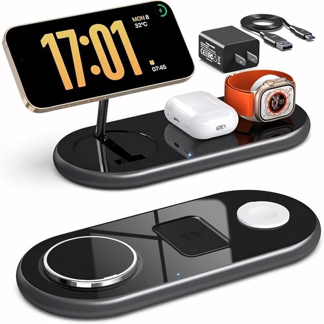 Cargador Inalámbrico Magnético 3 en 1 con Adaptador de 18W, Estacion de Carga Compatible con MagSafe para iPhone 11/12/13/14/15, Apple Watch Ultra 9/8/7/SE/6/5/4/3/2/1, AirPods Pro 3/2,Todo Negro