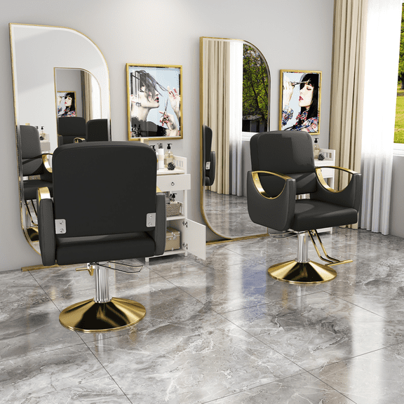 Lisonu Hydraulic Salon Chair 360° Swivel Barber Chair with Foot Pump - Non-Tilting Professional Stylist Hairdressing Chair for Salon, Tattoo & Beauty Spa, PU Leather Black/Gold
