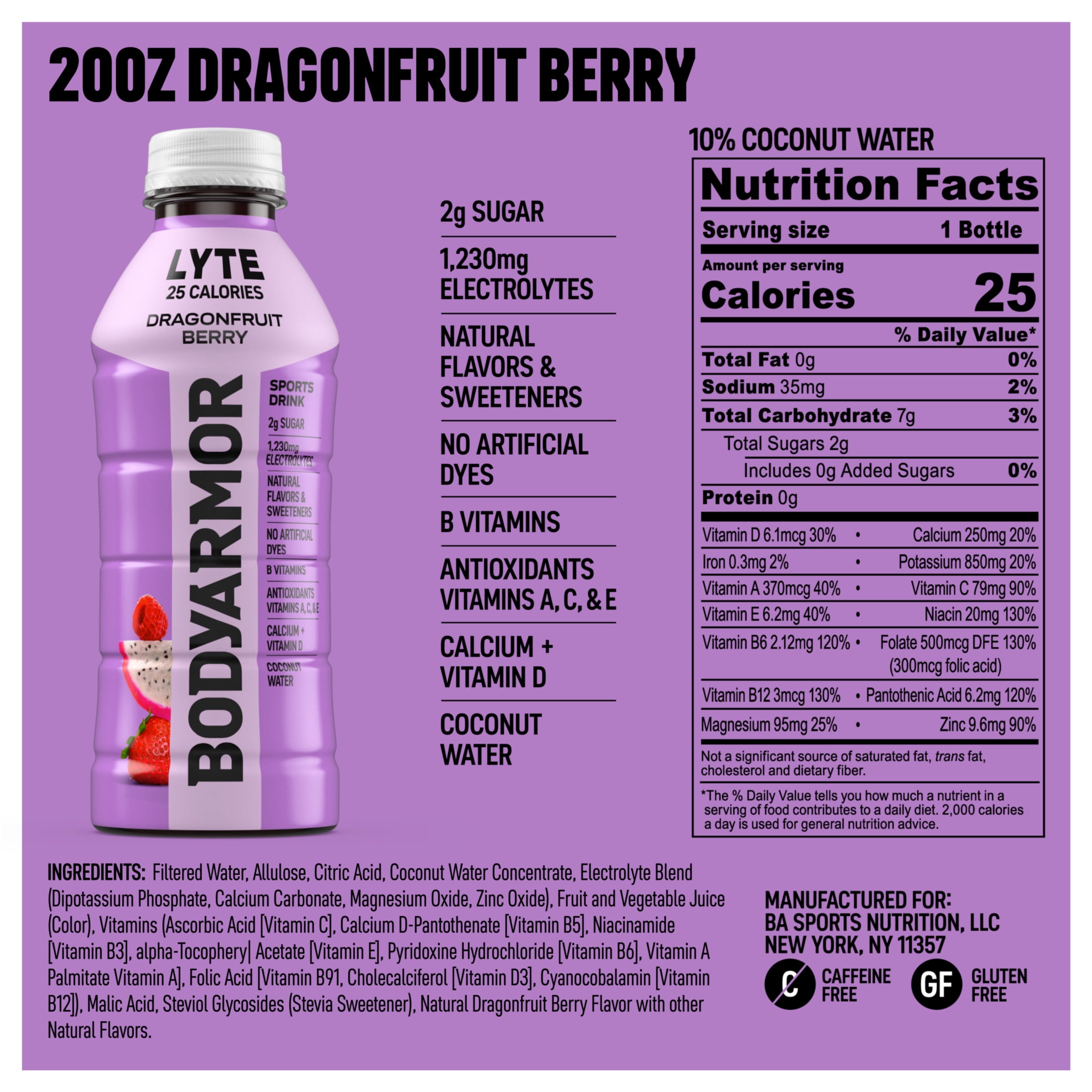 BODYARMOR Lyte Dragonfruit Berry Electrolyte Sports Drink Bottles, 20 fl oz, 6 Pack