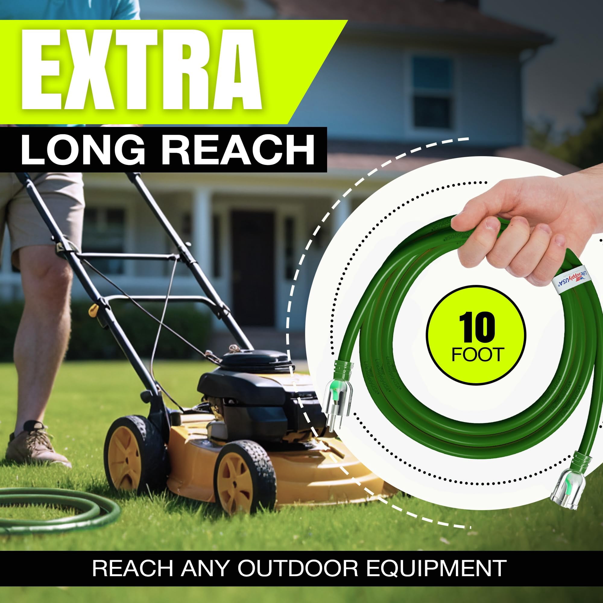 10ft Outdoor/Indoor Extension Cord 12/3 Gauge Extra Heavy Duty 3 Prong SJTW, Waterproof, ETL Listed, Flexible Cold-Resistant Long Power Cord,15A 125V 1875W, Green by LifeSupplyUSA
